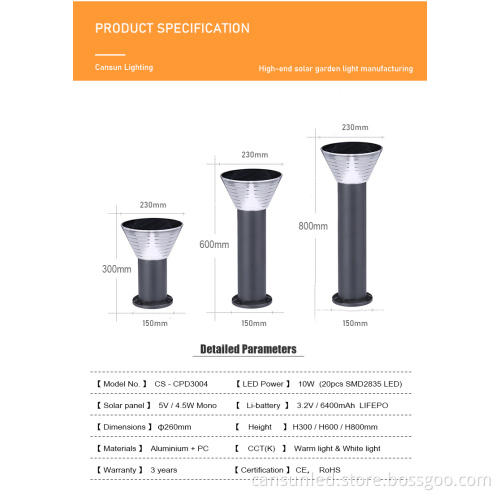Outdoor Waterproof LED Solar Bollard Light for Garden and Lawn
